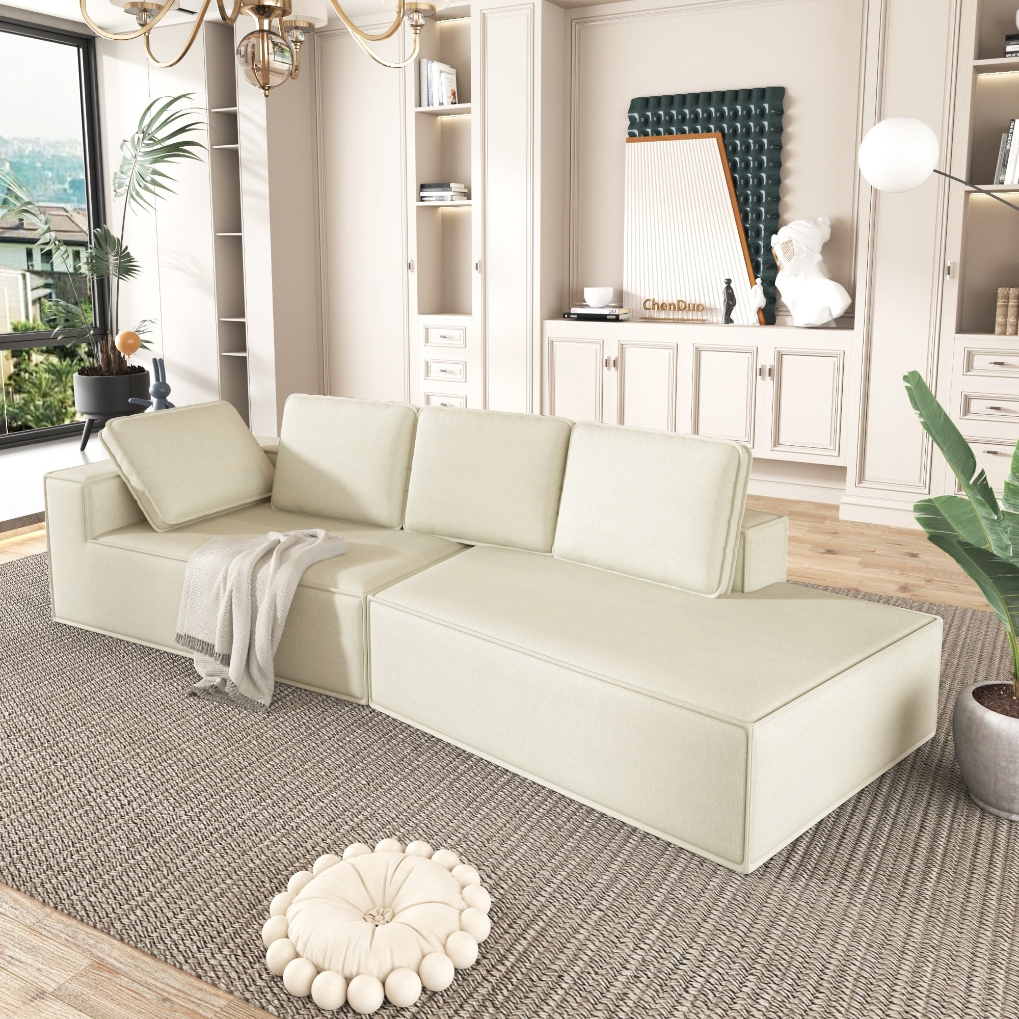 125 Stilvolle Chaiselongue, modernes Indoor-Lounge-Sofa mit Schlaffunktion und klaren Linien für das Wohnzimmer, Beige