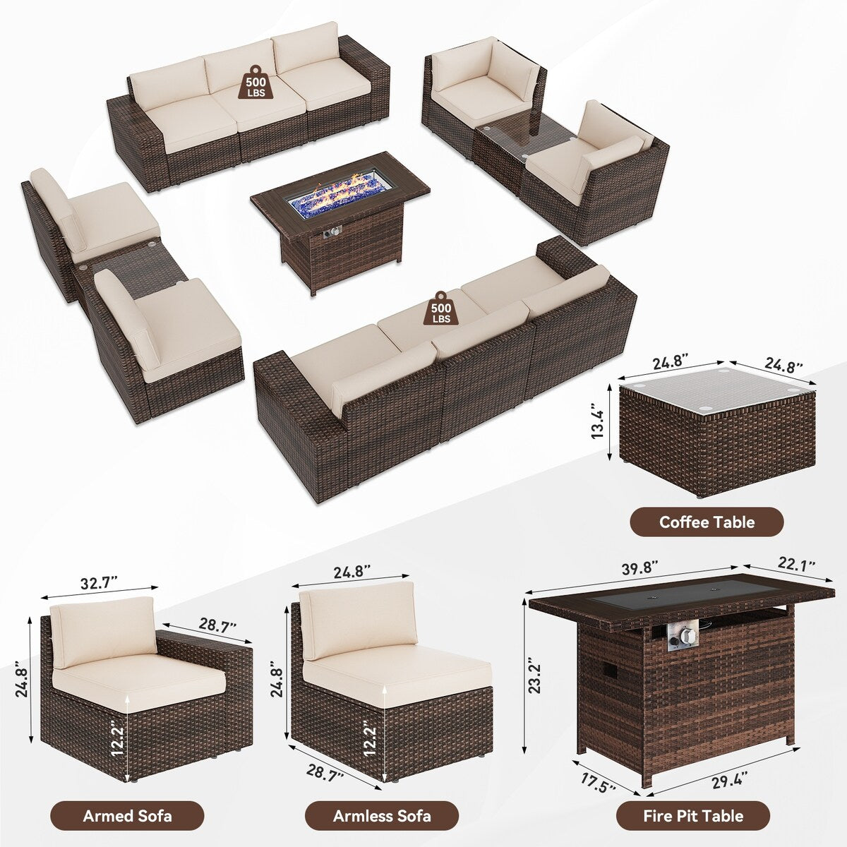 13-teiliges Terrassenmöbelset mit 44-Zoll-Feuertisch