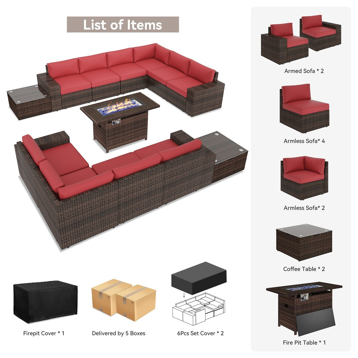 13-teiliges Terrassenmöbelset mit 44-Zoll-Feuertisch