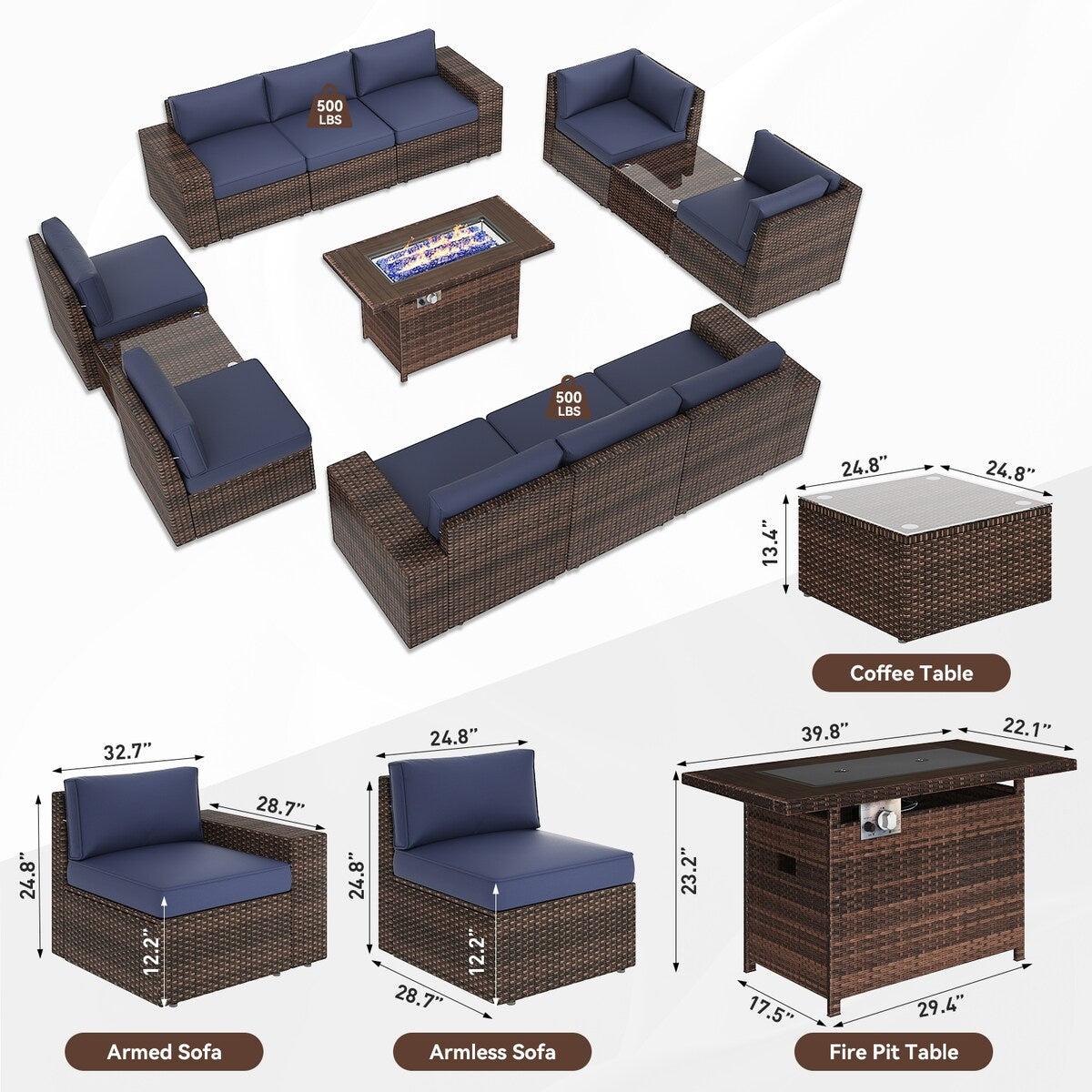 13-teiliges Terrassenmöbelset mit 44-Zoll-Feuertisch