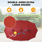 15 Fuß großer, rechteckiger, doppelseitiger Marktschirm mit Kurbelmechanismus, solarbetrieben mit LED-Beleuchtung und inklusive Ständer.