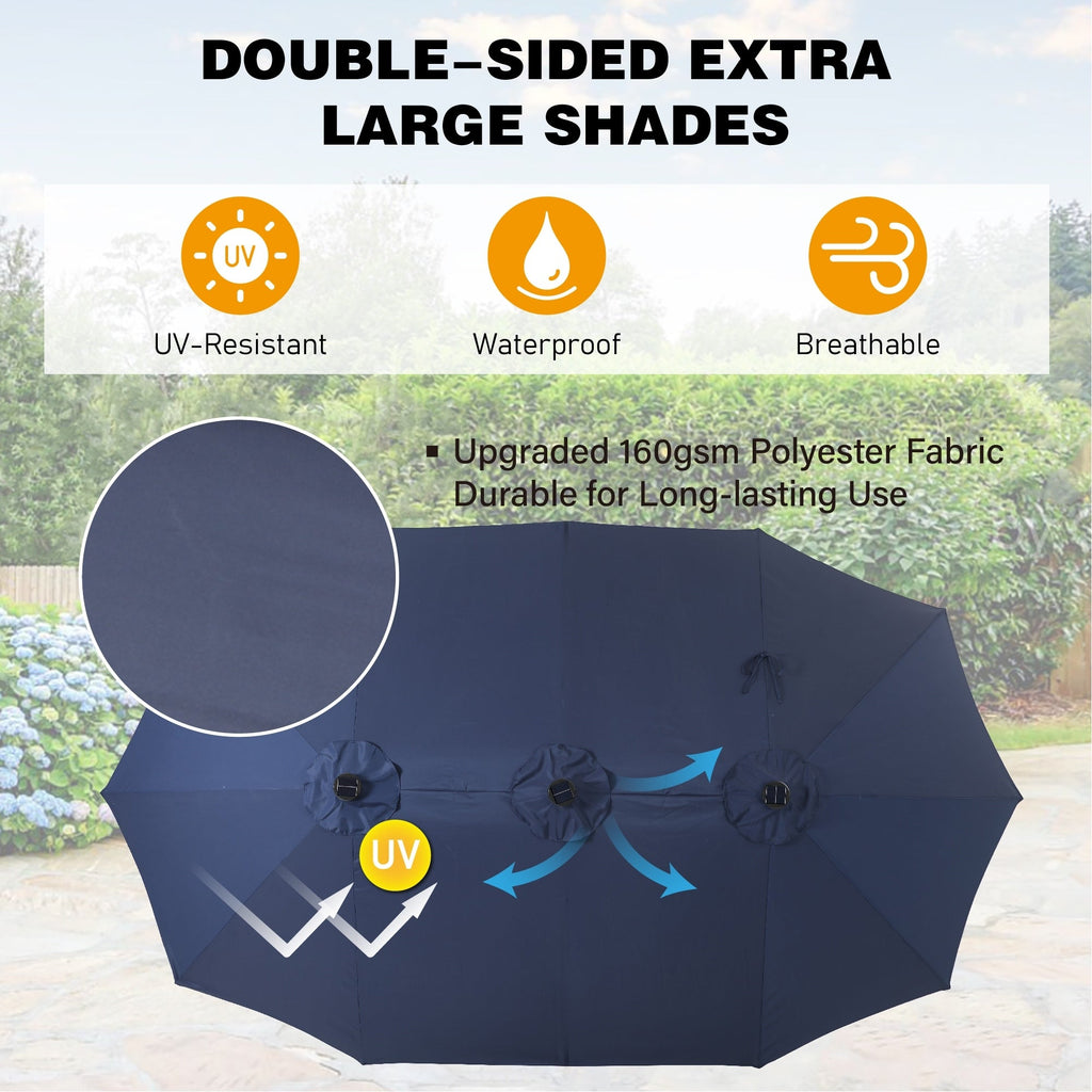 15 Fuß großer, rechteckiger, doppelseitiger Marktschirm mit Kurbelmechanismus, solarbetrieben mit LED-Beleuchtung und inklusive Ständer.
