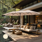 15 Fuß großer, rechteckiger, doppelseitiger Marktschirm mit Kurbelmechanismus, solarbetrieben mit LED-Beleuchtung und inklusive Ständer.