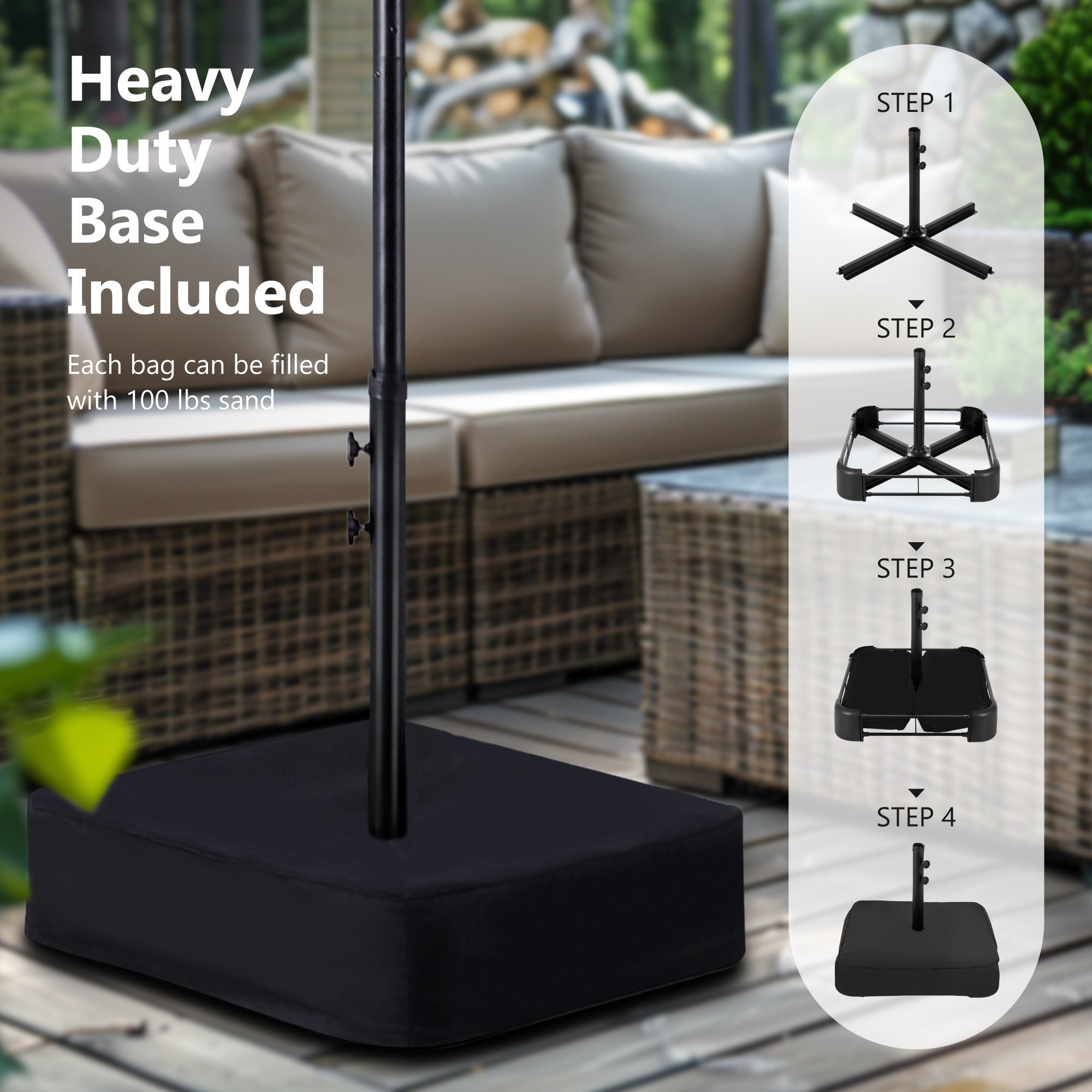 15 Fuß großer, rechteckiger, doppelseitiger Marktschirm mit Kurbelmechanismus, solarbetrieben mit LED-Beleuchtung und inklusive Ständer.