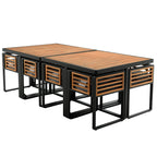 18-teiliges Essset aus Akazienholz für die Terrasse, bestehend aus 8 gepolsterten Stühlen, 8 Hockern und 2 quadratischen Tischen