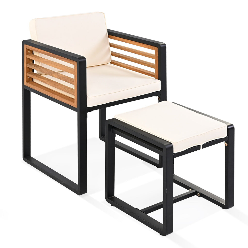 18-teiliges Essset aus Akazienholz für die Terrasse, bestehend aus 8 gepolsterten Stühlen, 8 Hockern und 2 quadratischen Tischen