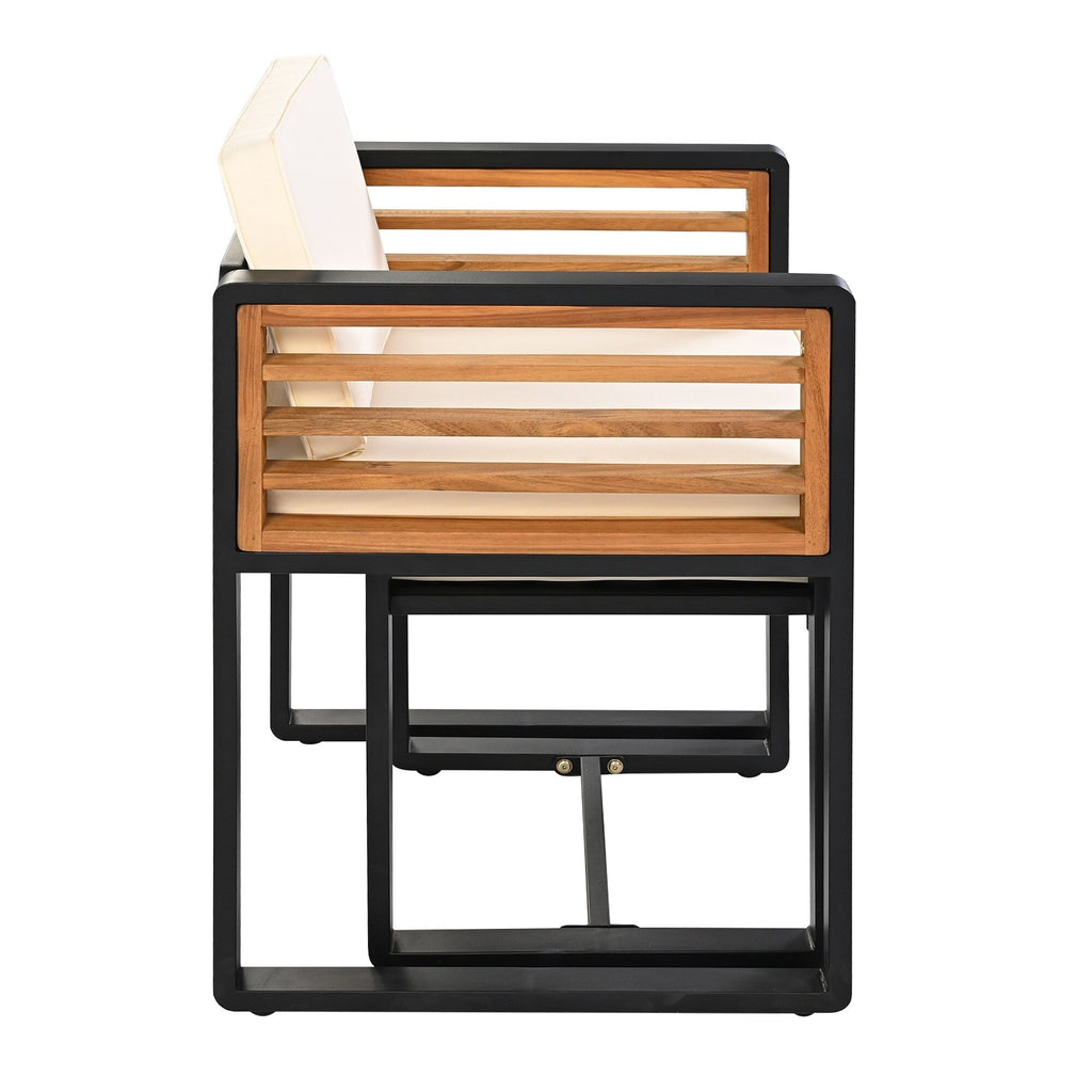 18-teiliges Essset aus Akazienholz für die Terrasse, bestehend aus 8 gepolsterten Stühlen, 8 Hockern und 2 quadratischen Tischen