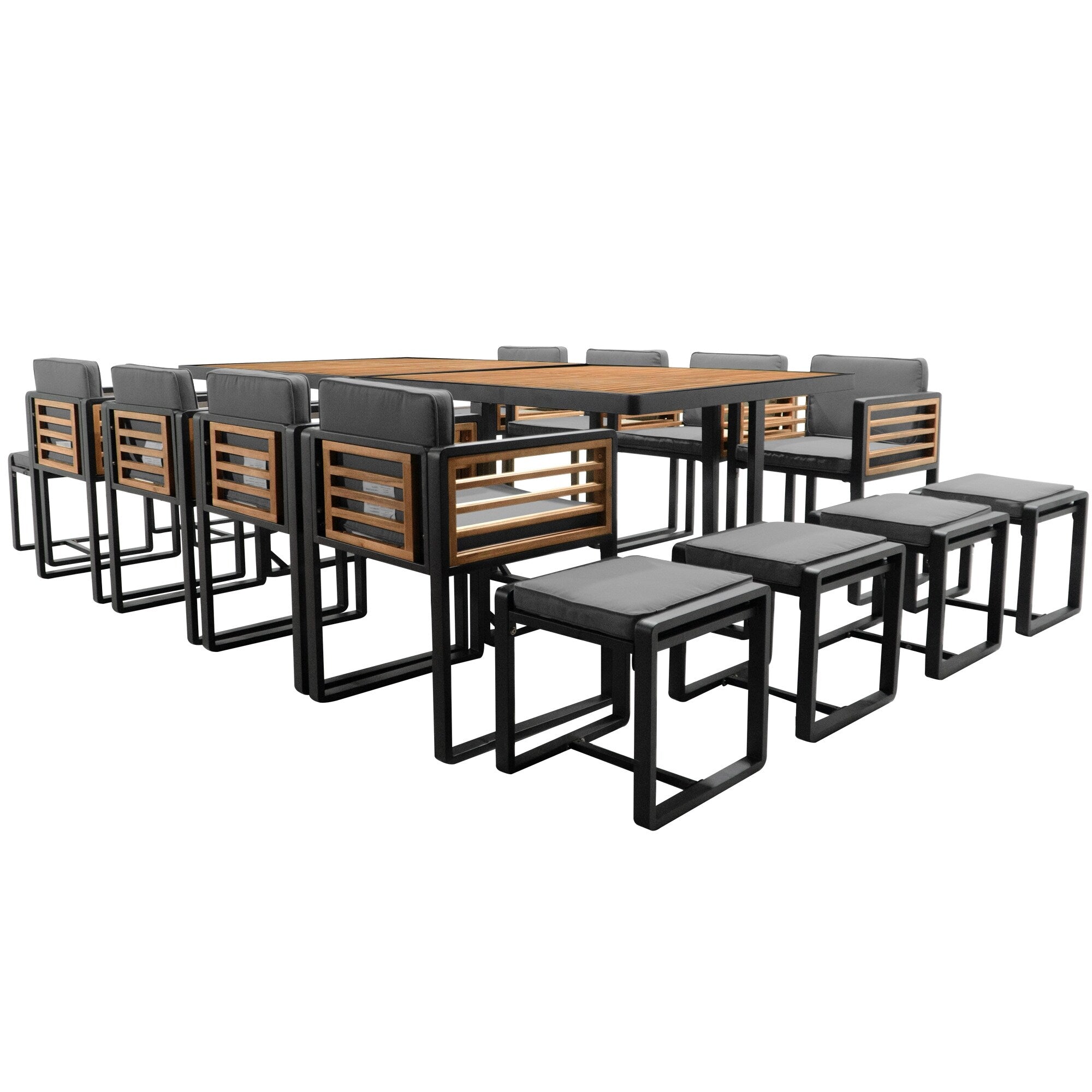 18-teiliges Essset aus Akazienholz für die Terrasse, bestehend aus 8 gepolsterten Stühlen, 8 Hockern und 2 quadratischen Tischen