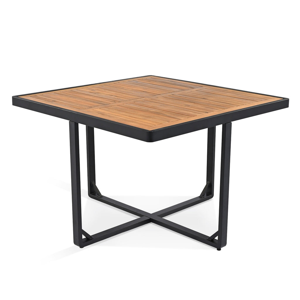 18-teiliges Essset aus Akazienholz für die Terrasse, bestehend aus 8 gepolsterten Stühlen, 8 Hockern und 2 quadratischen Tischen