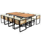 18-teiliges Essset aus Akazienholz für die Terrasse, bestehend aus 8 gepolsterten Stühlen, 8 Hockern und 2 quadratischen Tischen