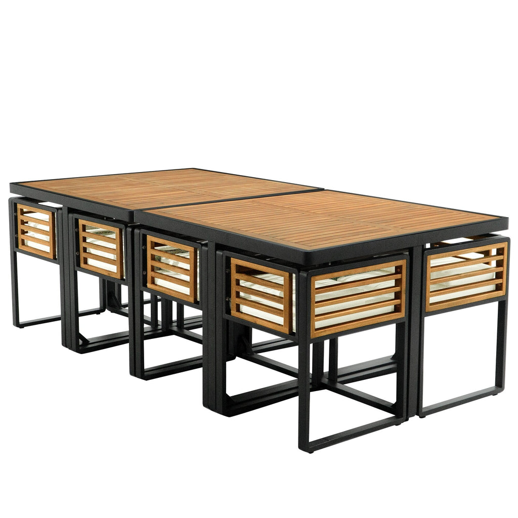 18-teiliges Essset aus Akazienholz für die Terrasse, bestehend aus 8 gepolsterten Stühlen, 8 Hockern und 2 quadratischen Tischen