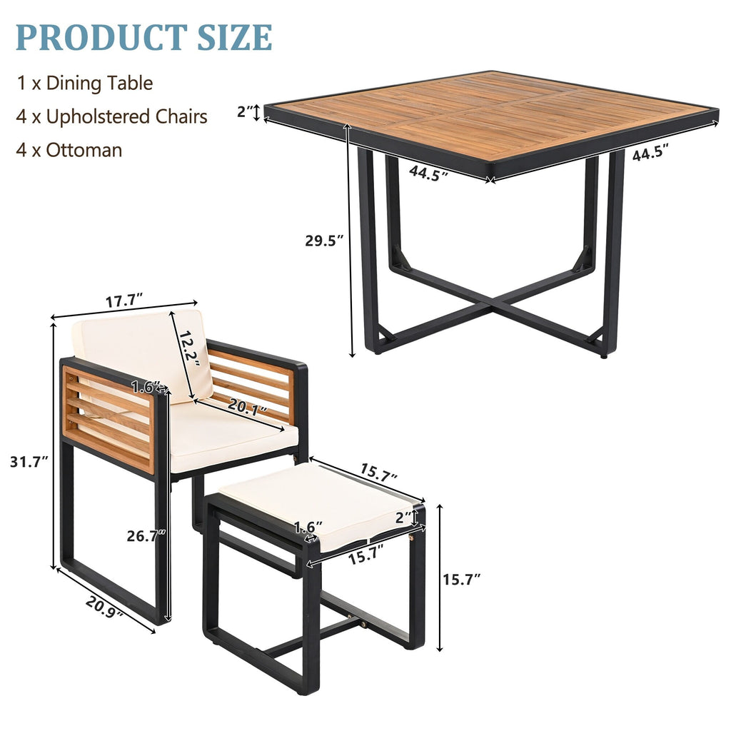 18-teiliges Essset aus Akazienholz für die Terrasse, bestehend aus 8 gepolsterten Stühlen, 8 Hockern und 2 quadratischen Tischen