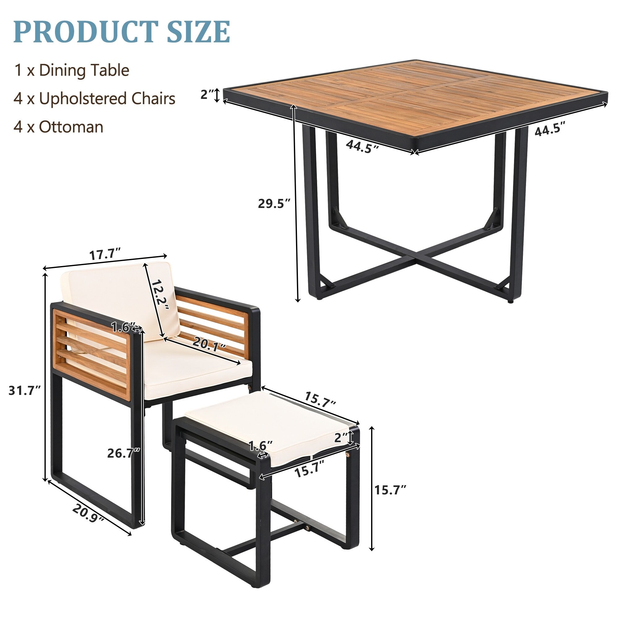 18-teiliges Essset aus Akazienholz für die Terrasse, bestehend aus 8 gepolsterten Stühlen, 8 Hockern und 2 quadratischen Tischen