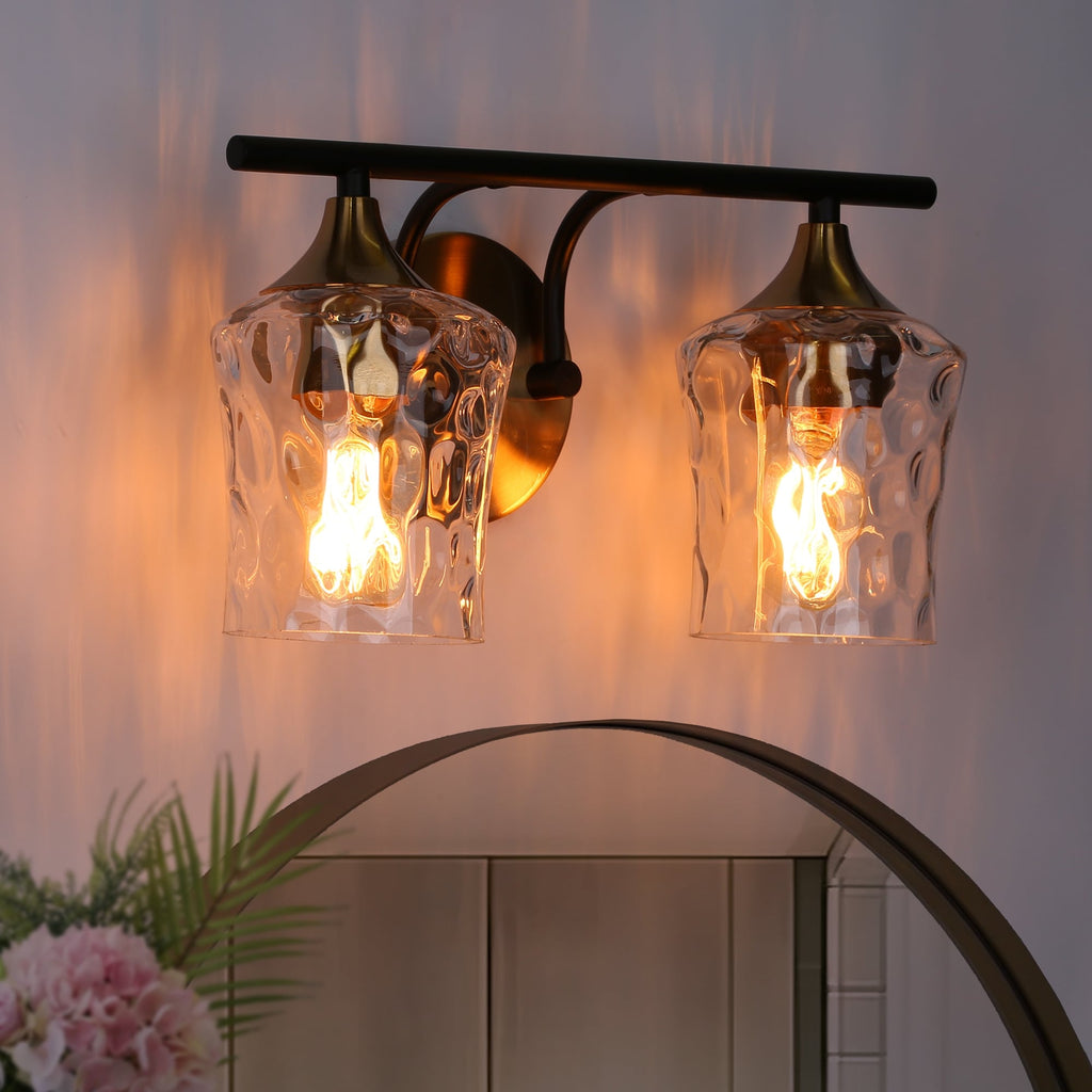 Moderne 2/3/4-flammige Wandleuchte für Badezimmer in Gold und Schwarz mit gehämmertem Glas