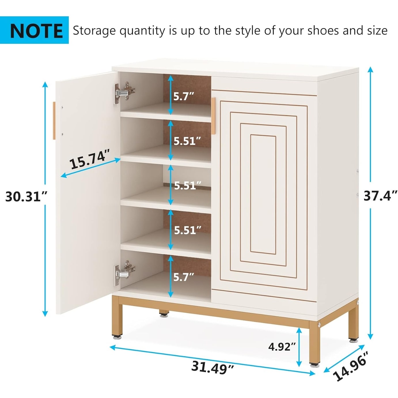 Schuhschrank für 20 Paar Schuhe, 95 cm (37,4 Zoll) hoher, moderner Schuhschrank mit Türen, Weiß &amp; Gold