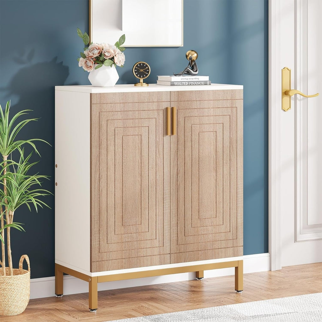 Schuhschrank für 20 Paar Schuhe, 95 cm (37,4 Zoll) hoher, moderner Schuhschrank mit Türen, Weiß &amp; Gold