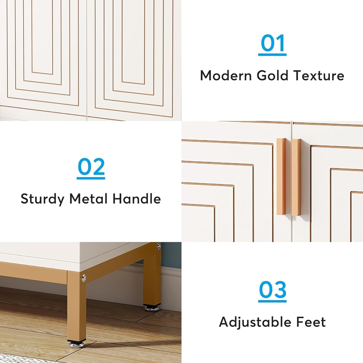 Schuhschrank für 20 Paar Schuhe, 95 cm (37,4 Zoll) hoher, moderner Schuhschrank mit Türen, Weiß &amp; Gold