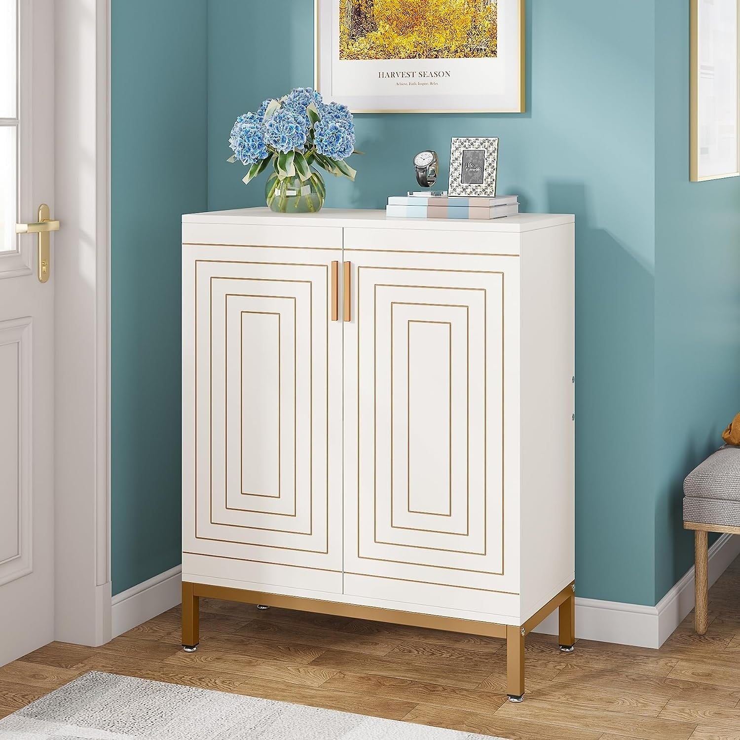 Schuhschrank für 20 Paar Schuhe, 95 cm (37,4 Zoll) hoher, moderner Schuhschrank mit Türen, Weiß &amp; Gold