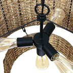 Traditionelle Trommel-Pendelleuchte aus Naturrattan mit 4 Leuchten und schwarzem Baldachin – Schwarz/Erdfarben – 50,8 cm breit