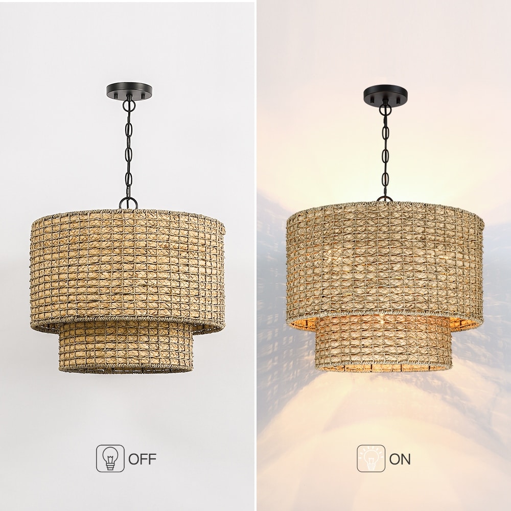 Traditionelle Trommel-Pendelleuchte aus Naturrattan mit 4 Leuchten und schwarzem Baldachin – Schwarz/Erdfarben – 50,8 cm breit