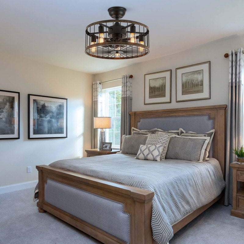 20-Zoll-Deckenventilator mit niedrigem Profil, moderner Landhausstil, Holzoptik, Käfigdesign, Beleuchtung und Fernbedienung