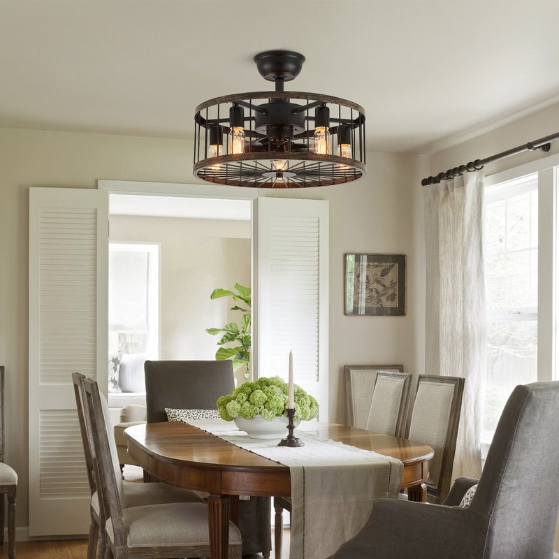 20-Zoll-Deckenventilator mit niedrigem Profil, moderner Landhausstil, Holzoptik, Käfigdesign, Beleuchtung und Fernbedienung