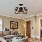 20-Zoll-Deckenventilator mit niedrigem Profil, moderner Landhausstil, Holzoptik, Käfigdesign, Beleuchtung und Fernbedienung