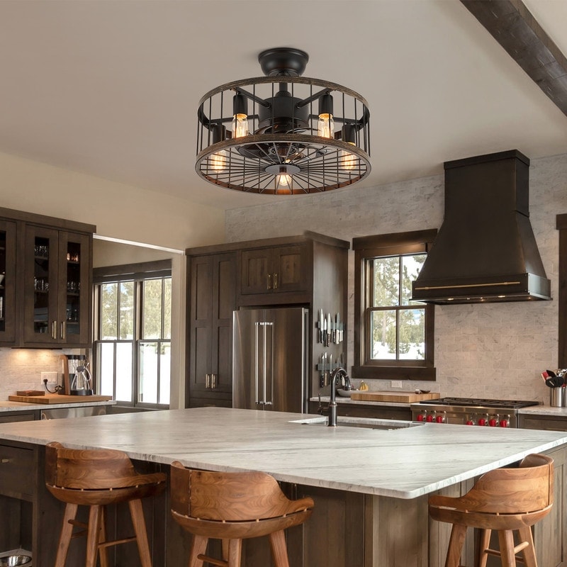 20-Zoll-Deckenventilator mit niedrigem Profil, moderner Landhausstil, Holzoptik, Käfigdesign, Beleuchtung und Fernbedienung