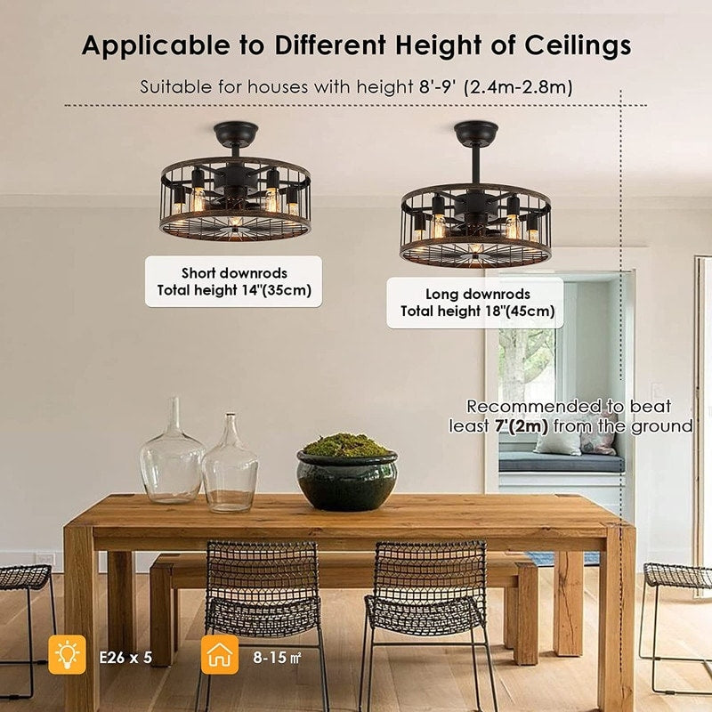 20-Zoll-Deckenventilator mit niedrigem Profil, moderner Landhausstil, Holzoptik, Käfigdesign, Beleuchtung und Fernbedienung