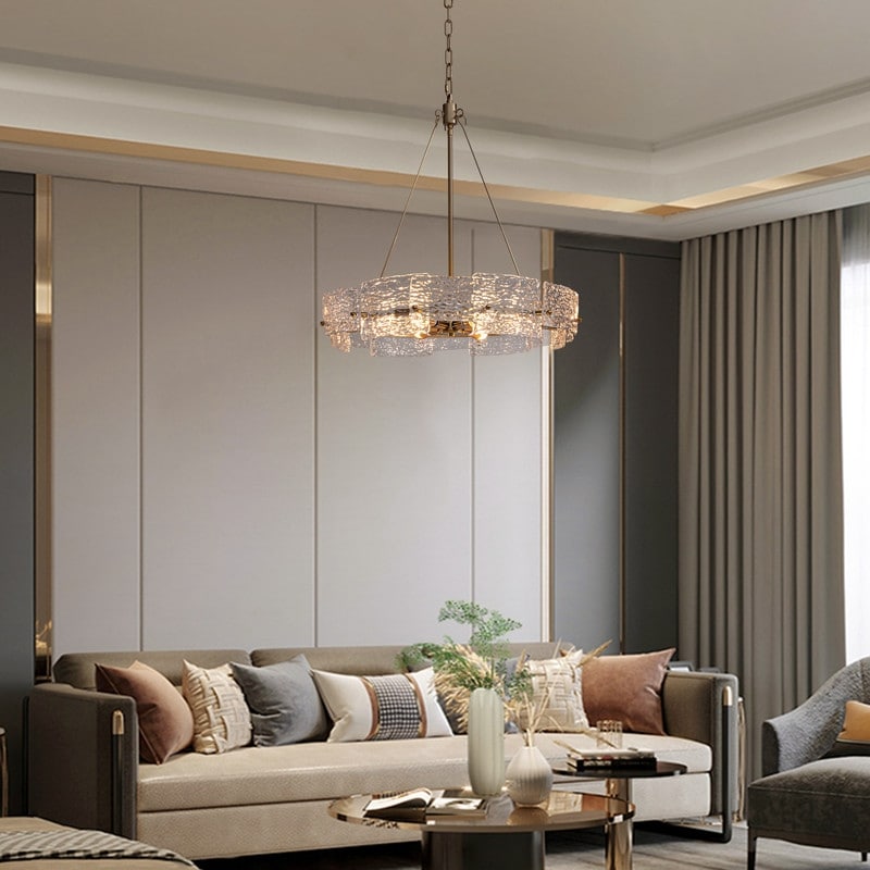 Moderner goldener Kristall-Kronleuchter (60 cm) mit 6 Leuchten im glamourösen Trommel-Design für Kücheninsel und Esszimmer