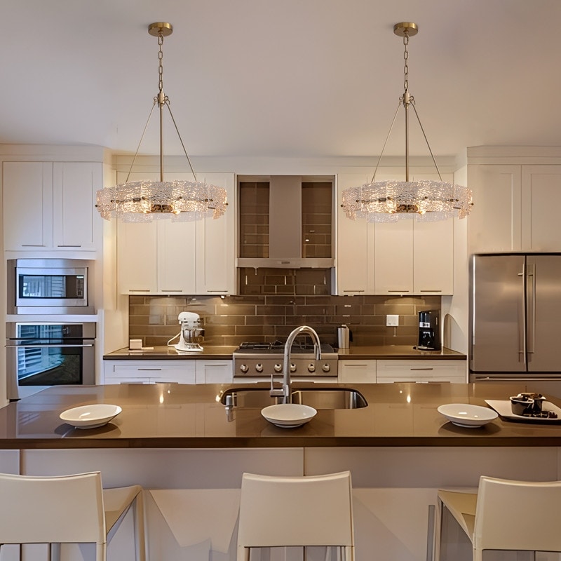 Moderner goldener Kristall-Kronleuchter (60 cm) mit 6 Leuchten im glamourösen Trommel-Design für Kücheninsel und Esszimmer