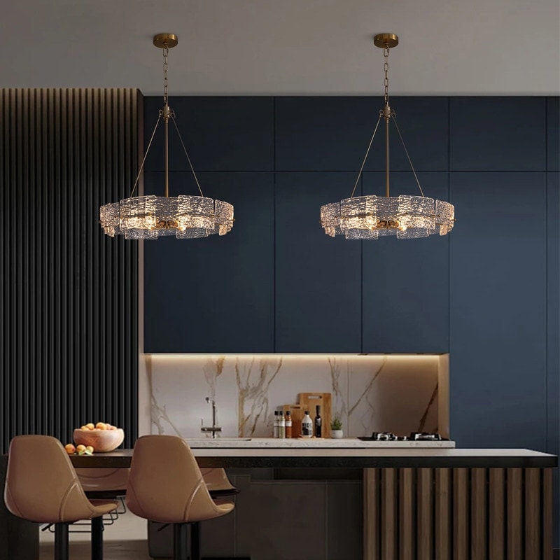 Moderner goldener Kristall-Kronleuchter (60 cm) mit 6 Leuchten im glamourösen Trommel-Design für Kücheninsel und Esszimmer