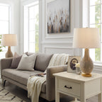 24,5 Zoll hohe Tischleuchte im Landhausstil, beige/golden, mit weißem Leinenschirm (2er-Set) – 24,5 Zoll hoch