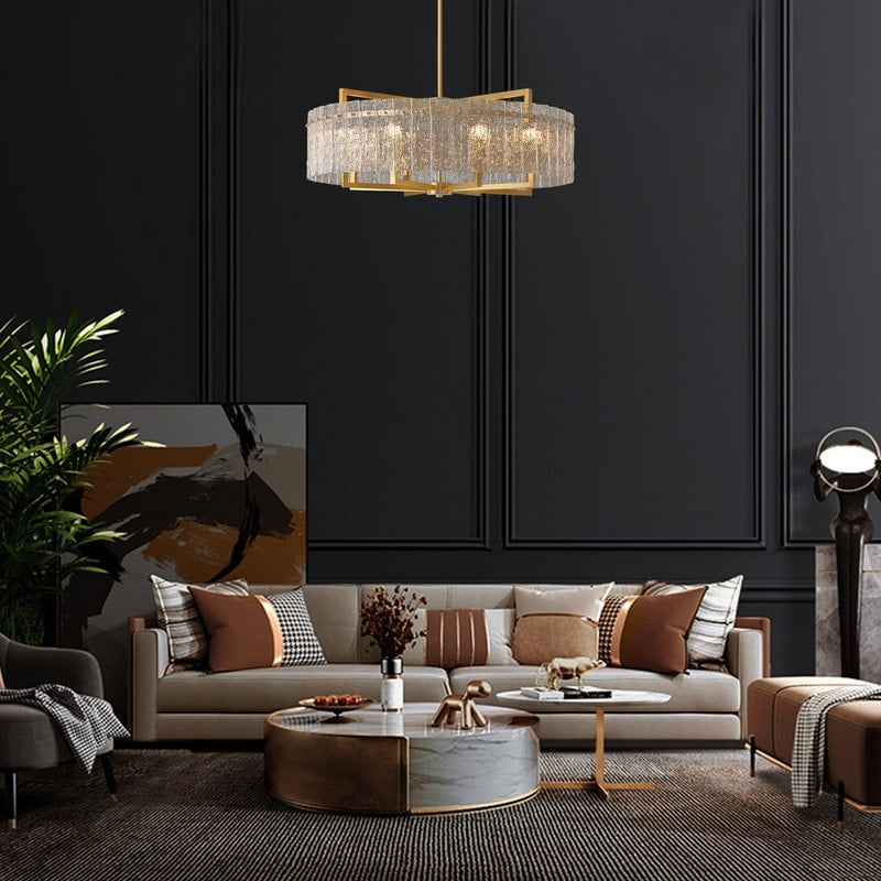 26 Zoll (ca. 66 cm) großer, moderner Kristall-Kronleuchter in Trommelform mit 6 Leuchten, glamourös, dimmbar, für Kücheninseln und Esszimmer. Mit Milchglas.