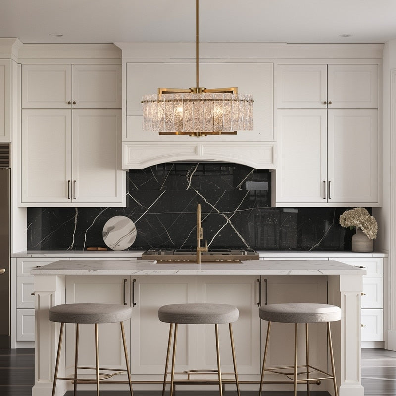 26 Zoll (ca. 66 cm) großer, moderner Kristall-Kronleuchter in Trommelform mit 6 Leuchten, glamourös, dimmbar, für Kücheninseln und Esszimmer. Mit Milchglas.