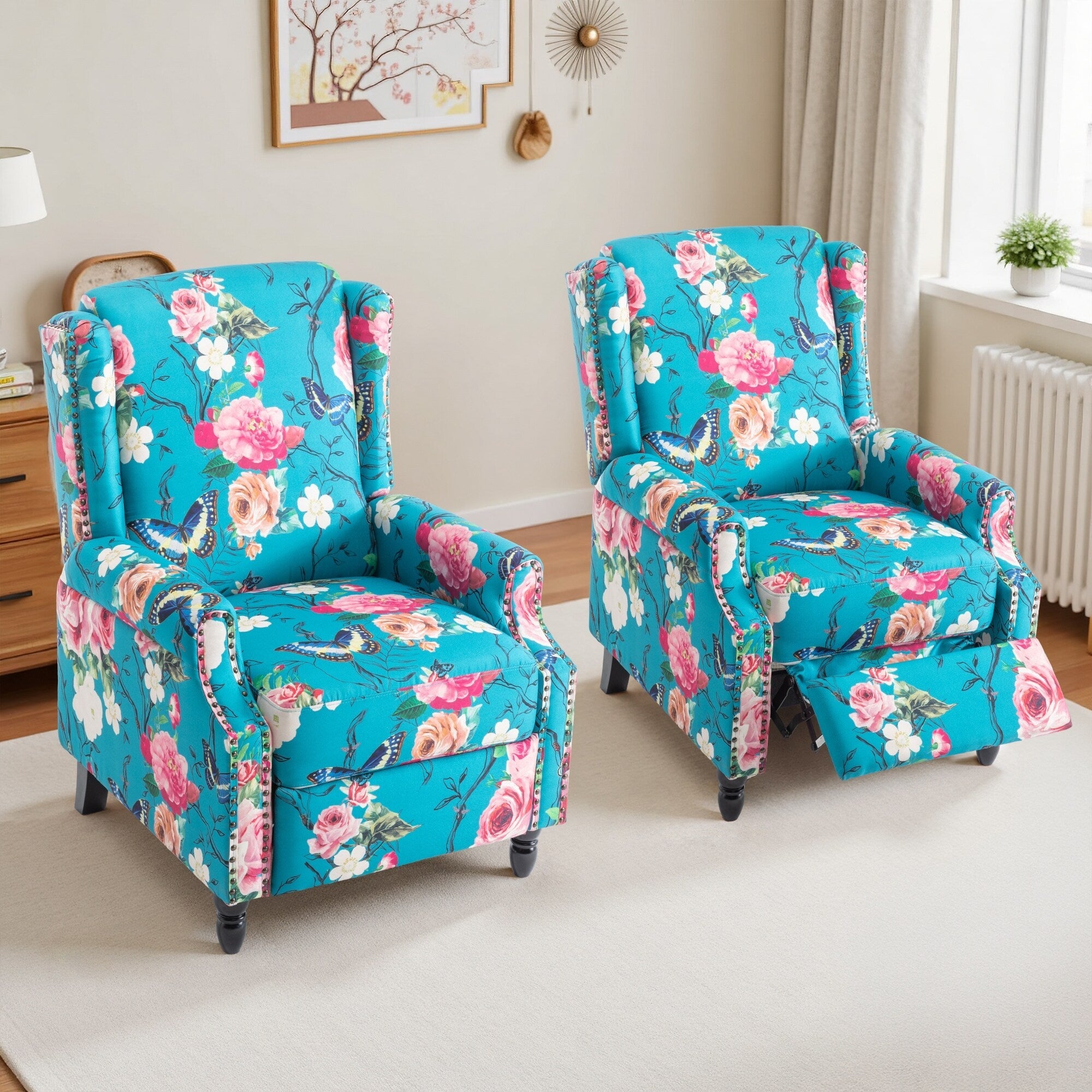 2er-Set Vintage-Sessel mit Blumenmuster und manueller Rückenlehne, 29 Zoll breit