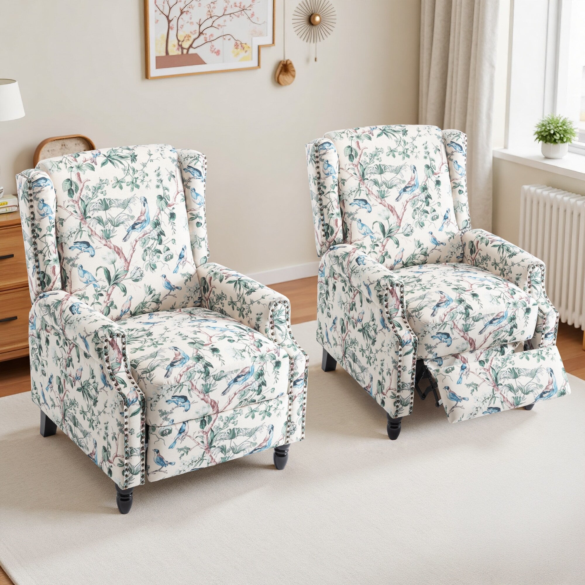 2er-Set Vintage-Sessel mit Blumenmuster und manueller Rückenlehne, 29 Zoll breit