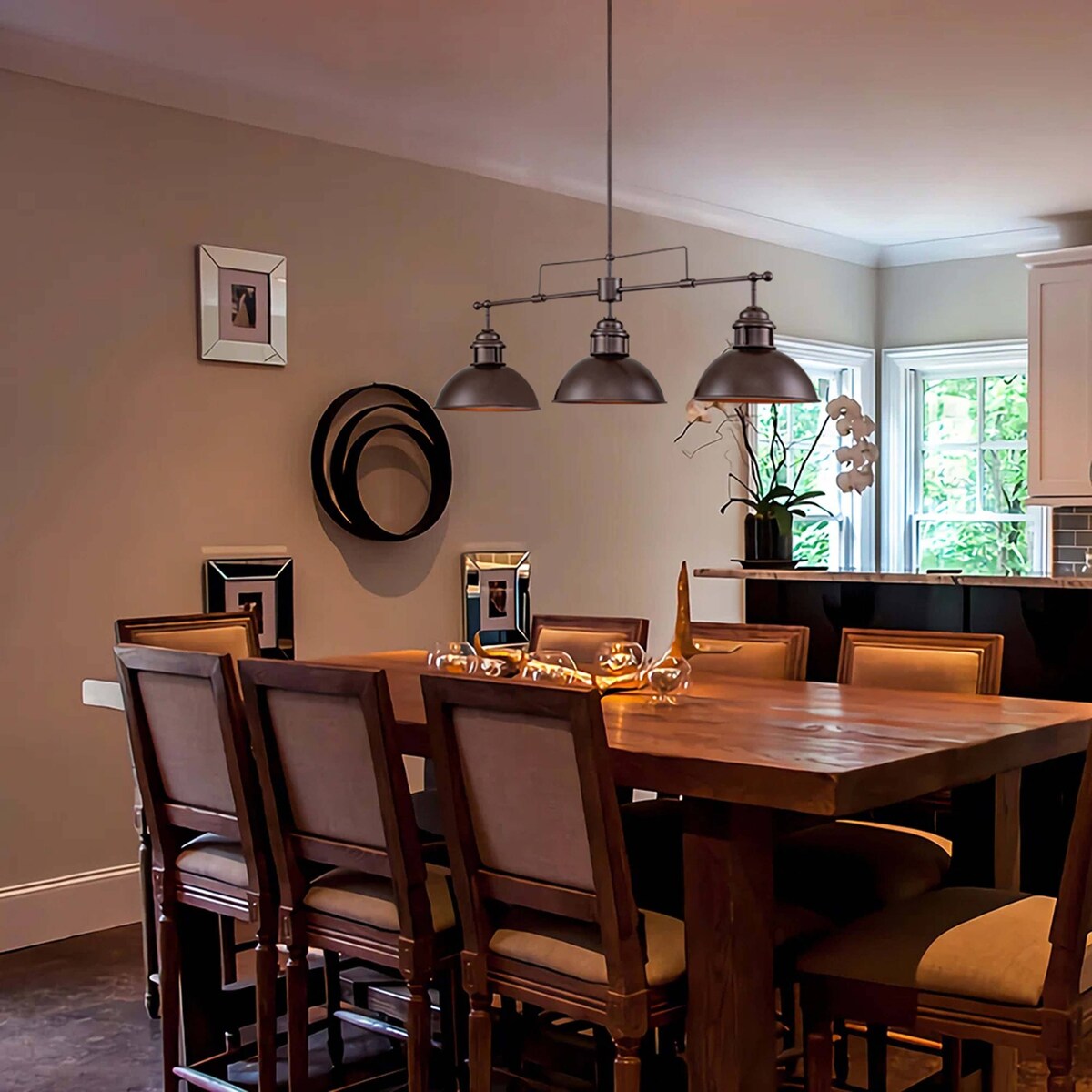 3-flammige Pendelleuchte im industriellen Landhausstil, linear, Metall, Kücheninsel-Pendelleuchte, Oberfläche in geöltem Bronze-Finish