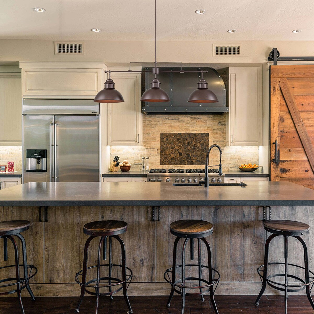 3-flammige Pendelleuchte im industriellen Landhausstil, linear, Metall, Kücheninsel-Pendelleuchte, Oberfläche in geöltem Bronze-Finish