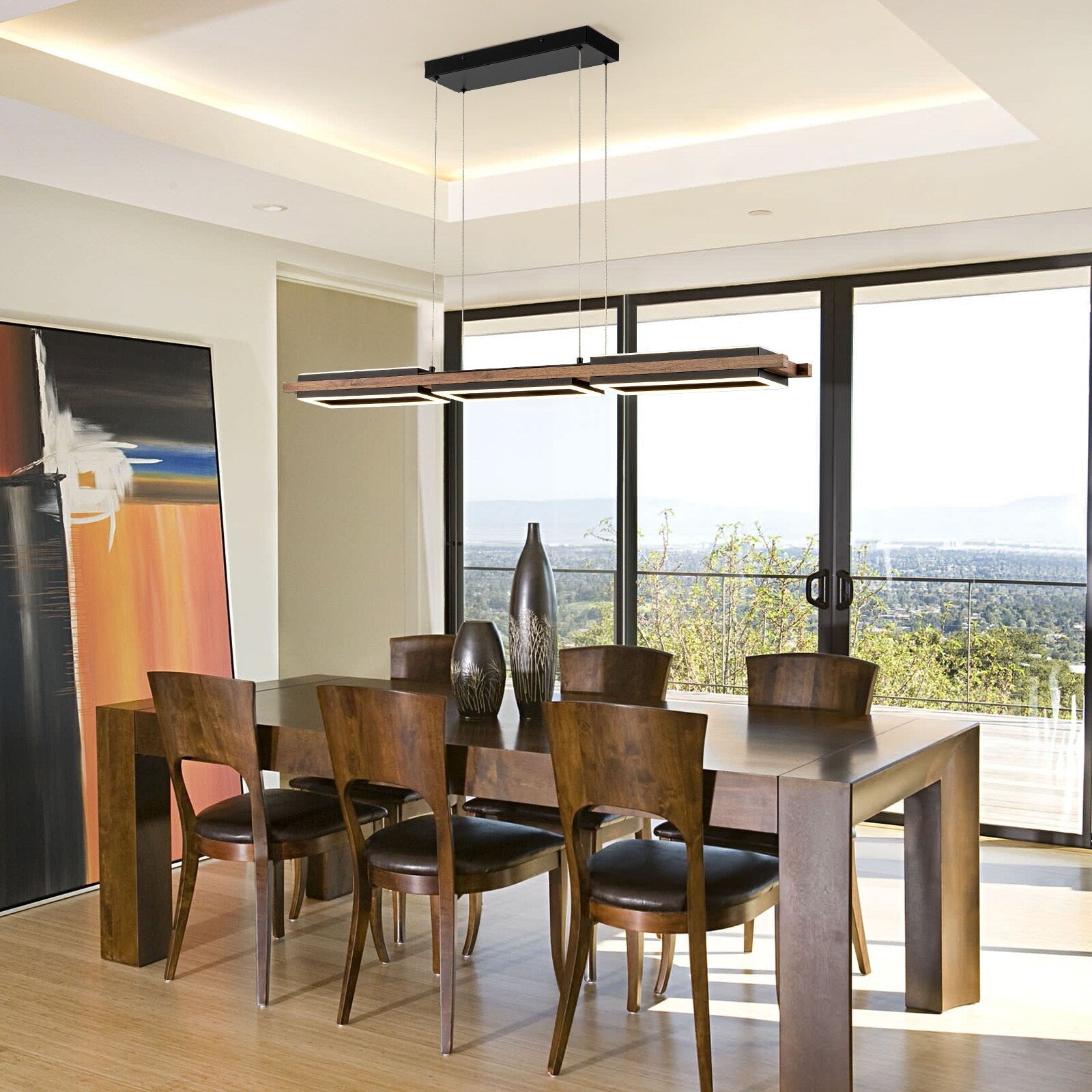 3/5-flammige integrierte LED-Kronleuchter-Pendelleuchte aus Holz für Kücheninseln