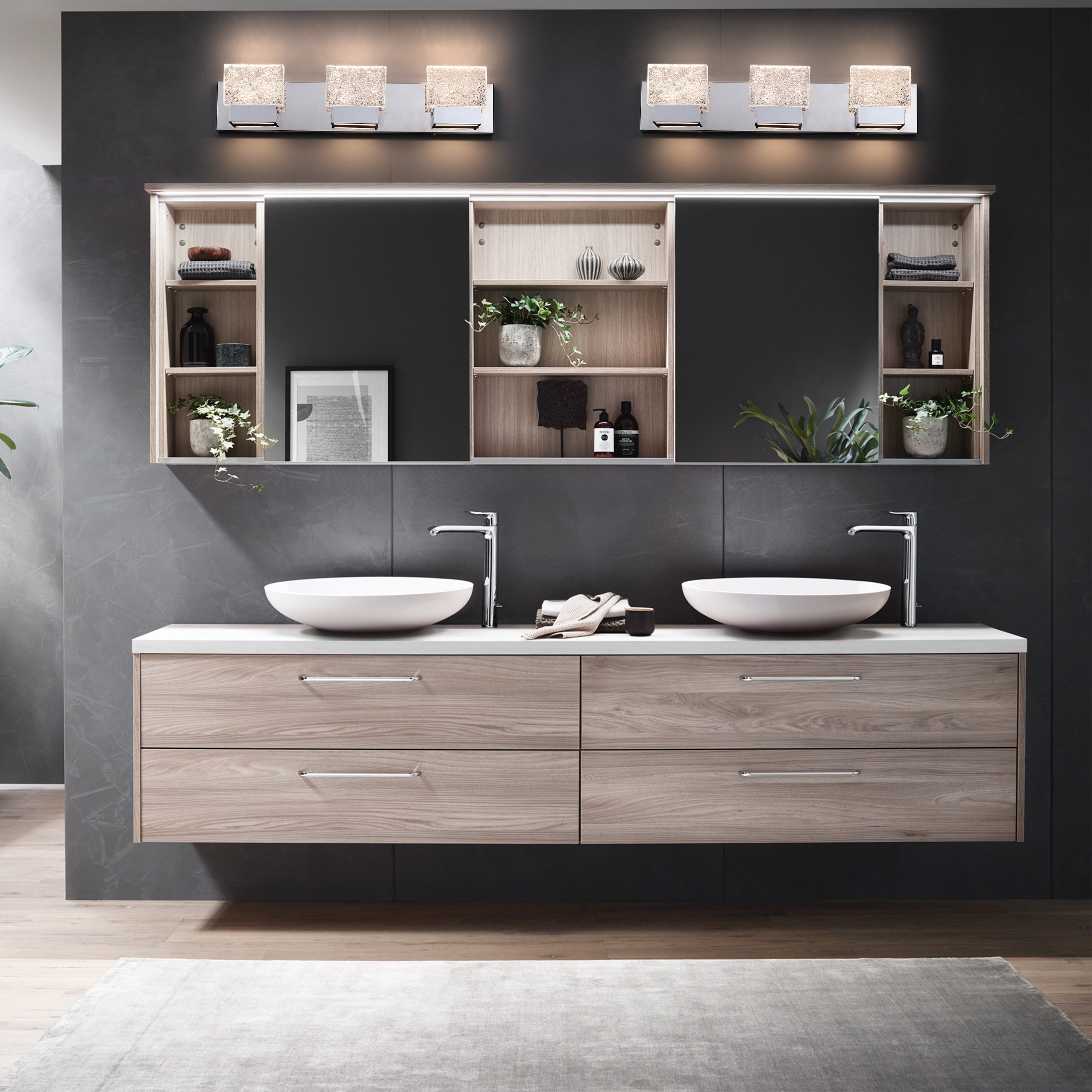 C Cattleya Edelstahl 3000K LED-Spiegelleuchte mit integrierten Kunstglasschirmen – Chrom