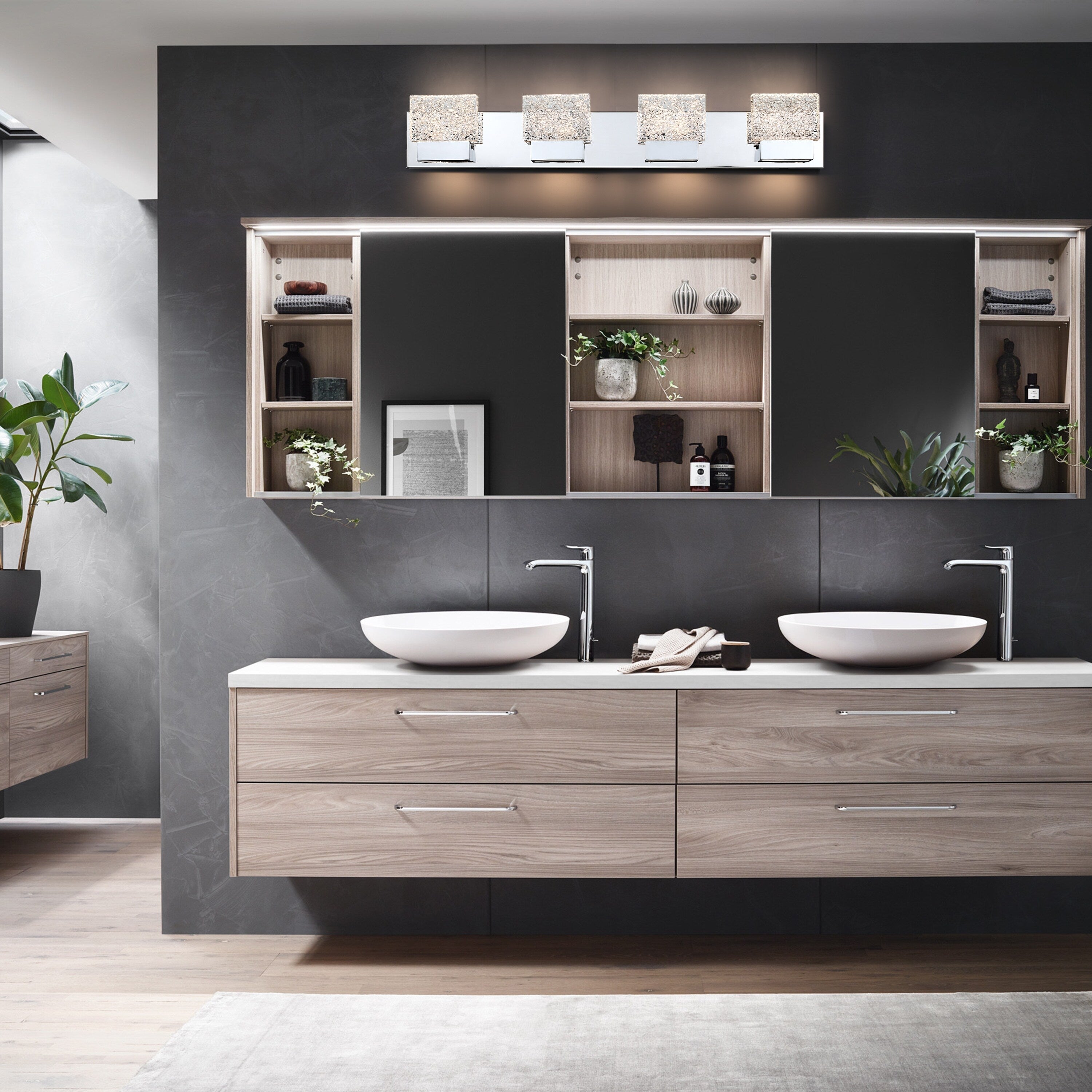 C Cattleya Edelstahl 3000K LED-Spiegelleuchte mit integrierten Kunstglasschirmen – Chrom