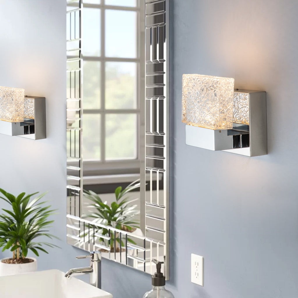 C Cattleya Edelstahl 3000K LED-Spiegelleuchte mit integrierten Kunstglasschirmen – Chrom