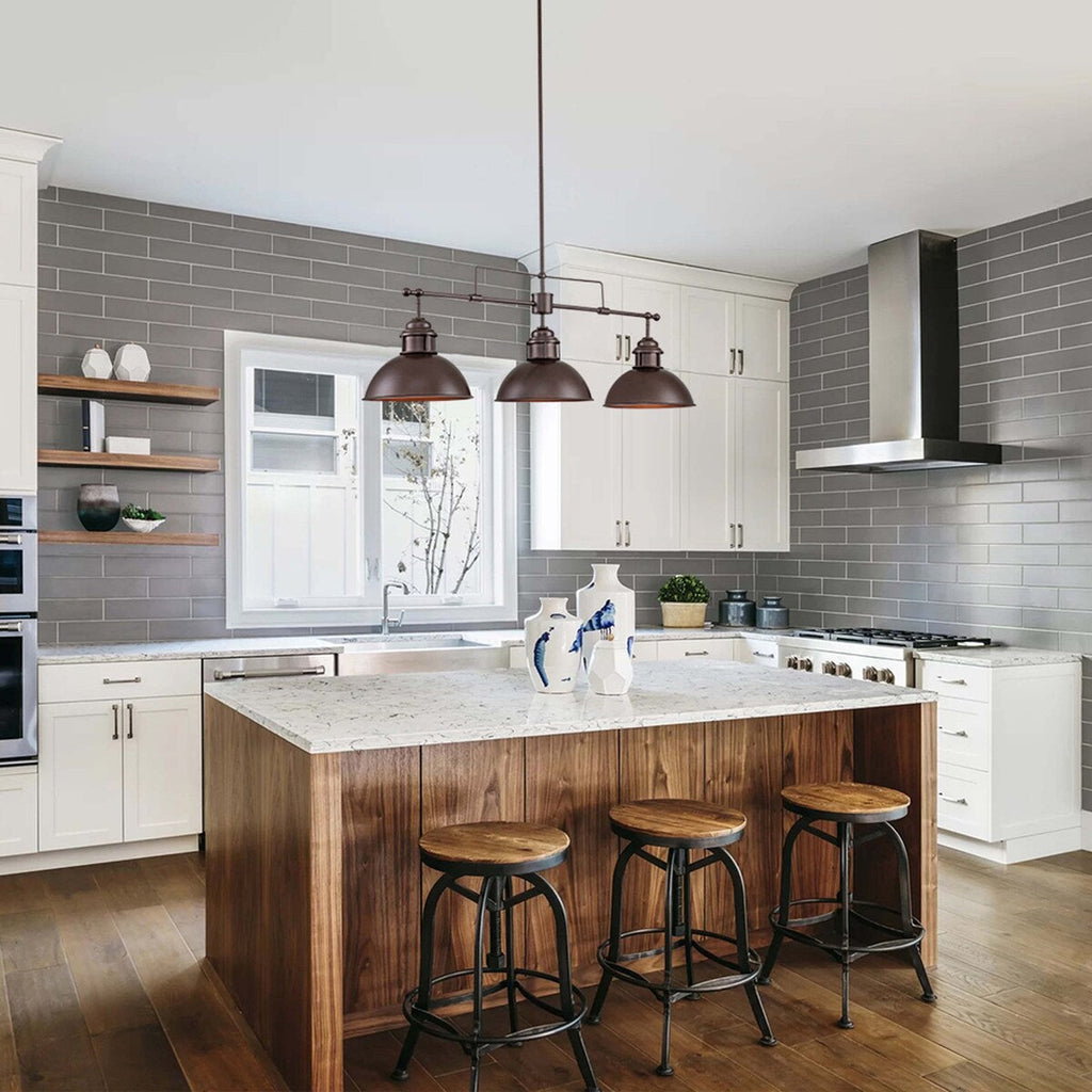 3-flammige Pendelleuchte im industriellen Landhausstil, linear, Metall, Kücheninsel-Pendelleuchte, Oberfläche in geöltem Bronze-Finish