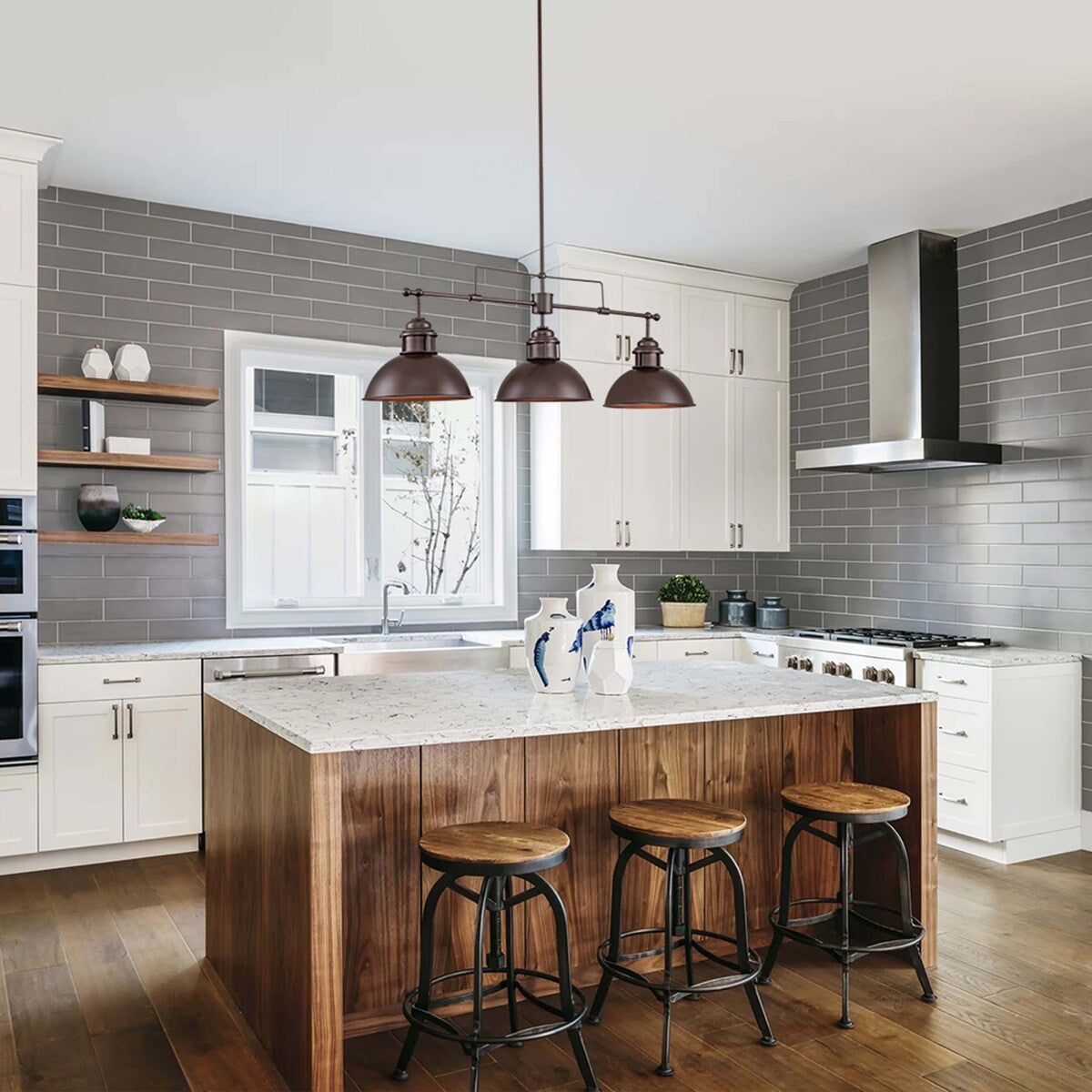 3-flammige Pendelleuchte im industriellen Landhausstil, linear, Metall, Kücheninsel-Pendelleuchte, Oberfläche in geöltem Bronze-Finish