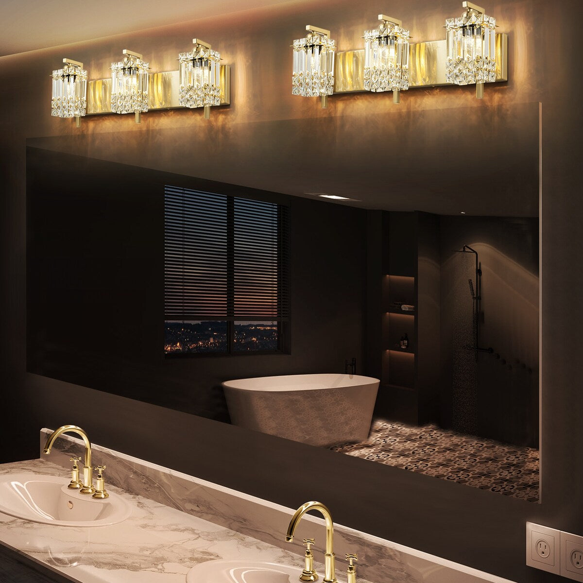Moderne 3-flammige, glamouröse Badezimmer-Wandleuchte mit Kristalloptik für den Spiegel