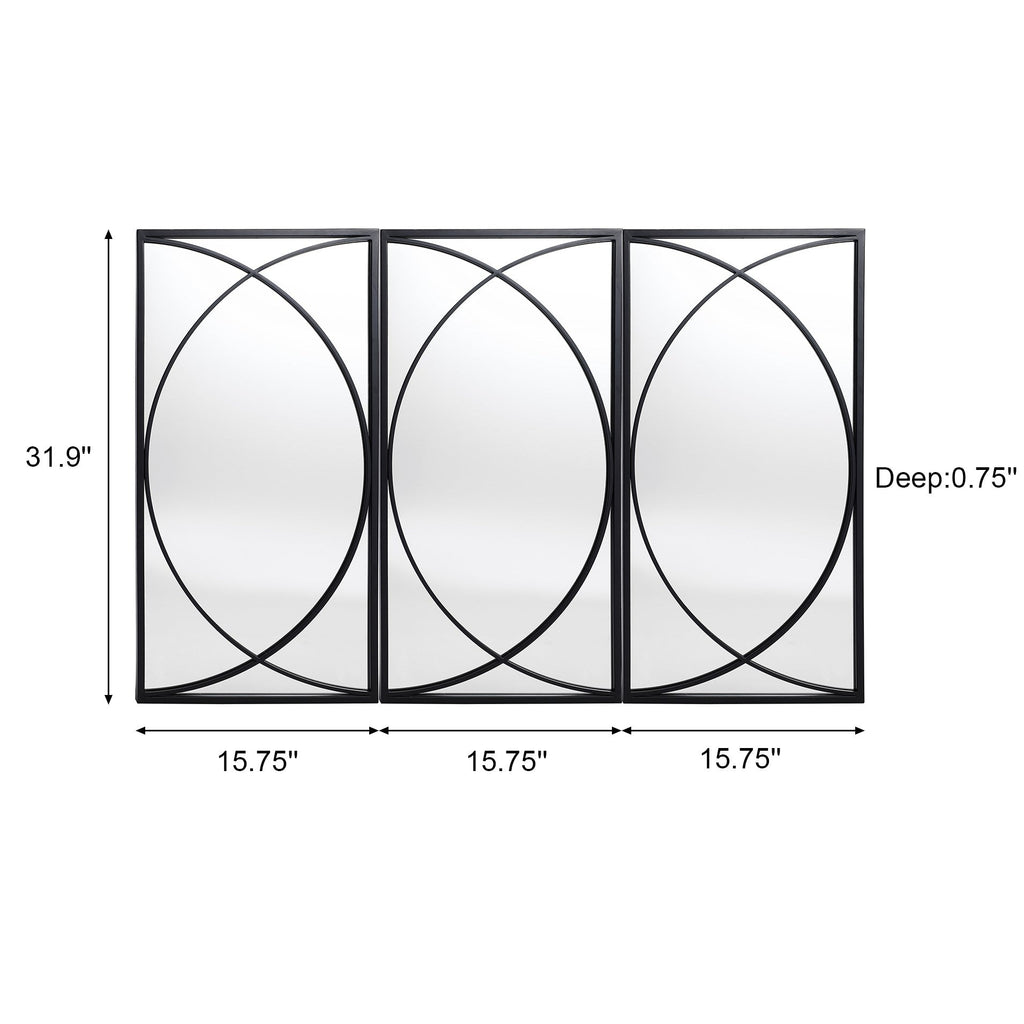 3-teiliges rechteckiges Wandspiegel-Set aus schwarzem Metall – 31,9 cm H x 15,75 cm B x 0,75 cm T