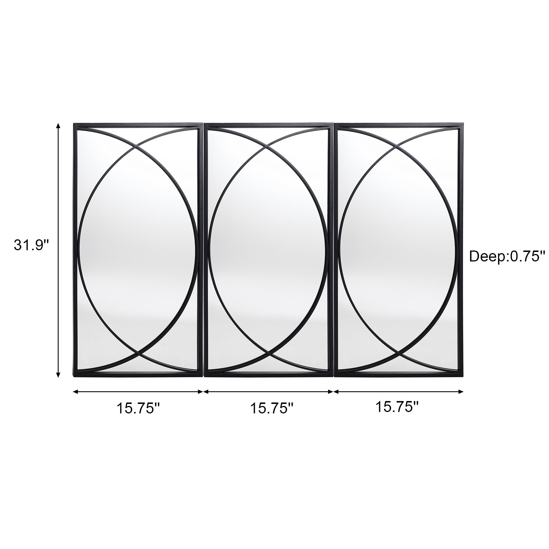3-teiliges rechteckiges Wandspiegel-Set aus schwarzem Metall – 31,9 cm H x 15,75 cm B x 0,75 cm T