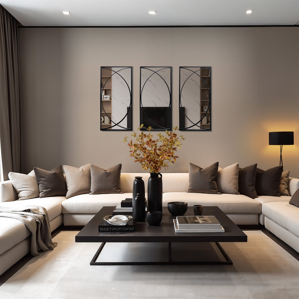 3-teiliges rechteckiges Wandspiegel-Set aus schwarzem Metall – 31,9 cm H x 15,75 cm B x 0,75 cm T