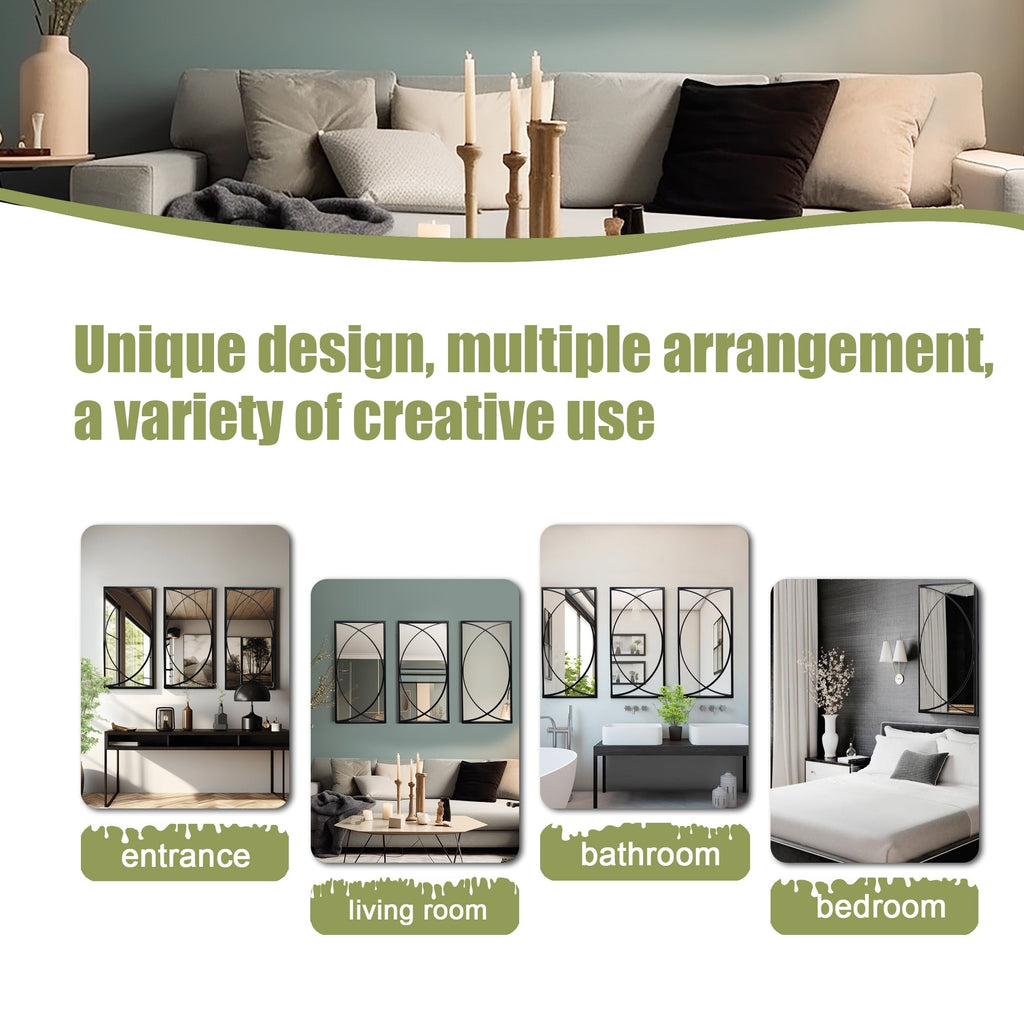 3-teiliges rechteckiges Wandspiegel-Set aus schwarzem Metall – 31,9 cm H x 15,75 cm B x 0,75 cm T